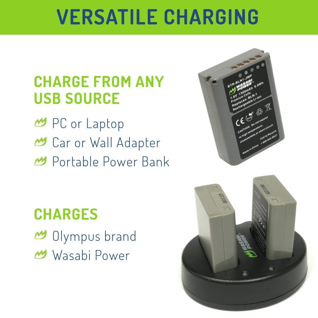 Wasabi Power Battery (2-Pack), Dual Charger for Olympus BLS-5, BLS-50, PS-BLS5, BLS-1, PS-BLS1, E-420, E-450, E-600, E-620, Pen E-P1, E-P2, E-P3, E-PL1, E-PL3, E-PM1, OM-D E-M10 Mark II, III, IIIs, IV