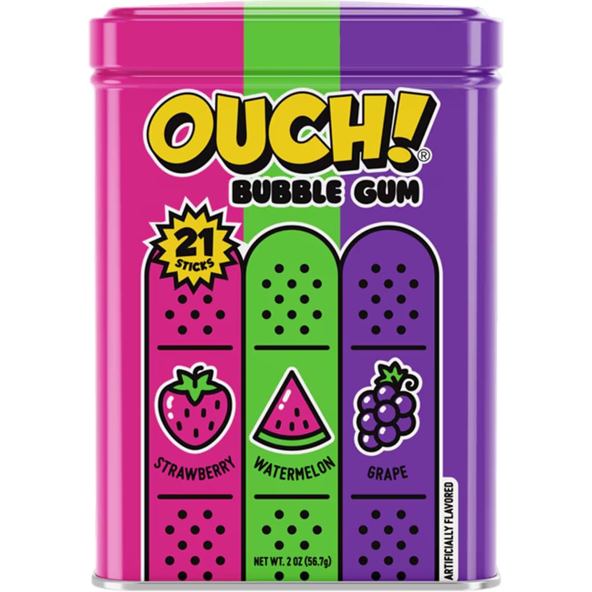 Ouch Bubble Gum Variety Pack, Watermelon, Strawberry, Grape Flavors, 21 Pieces, Metal Tin, '90s Retro Candy