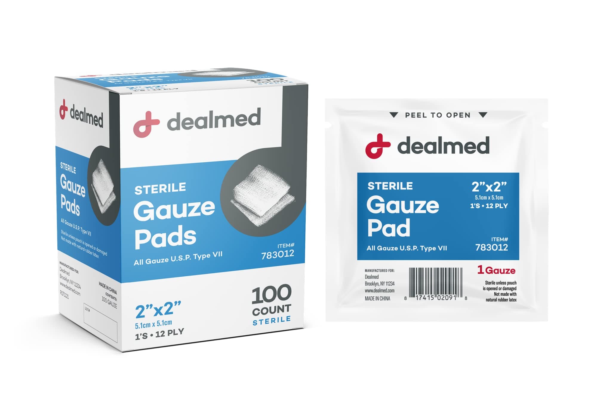 Dealmed 2’’ x 2’’ Sterile Gauze Pads (100 Count) Disposable and Individually Wrapped Medical Gauze Pads, Wound Care Product for First Aid Kit and Medical Facilities (Pack of 1)