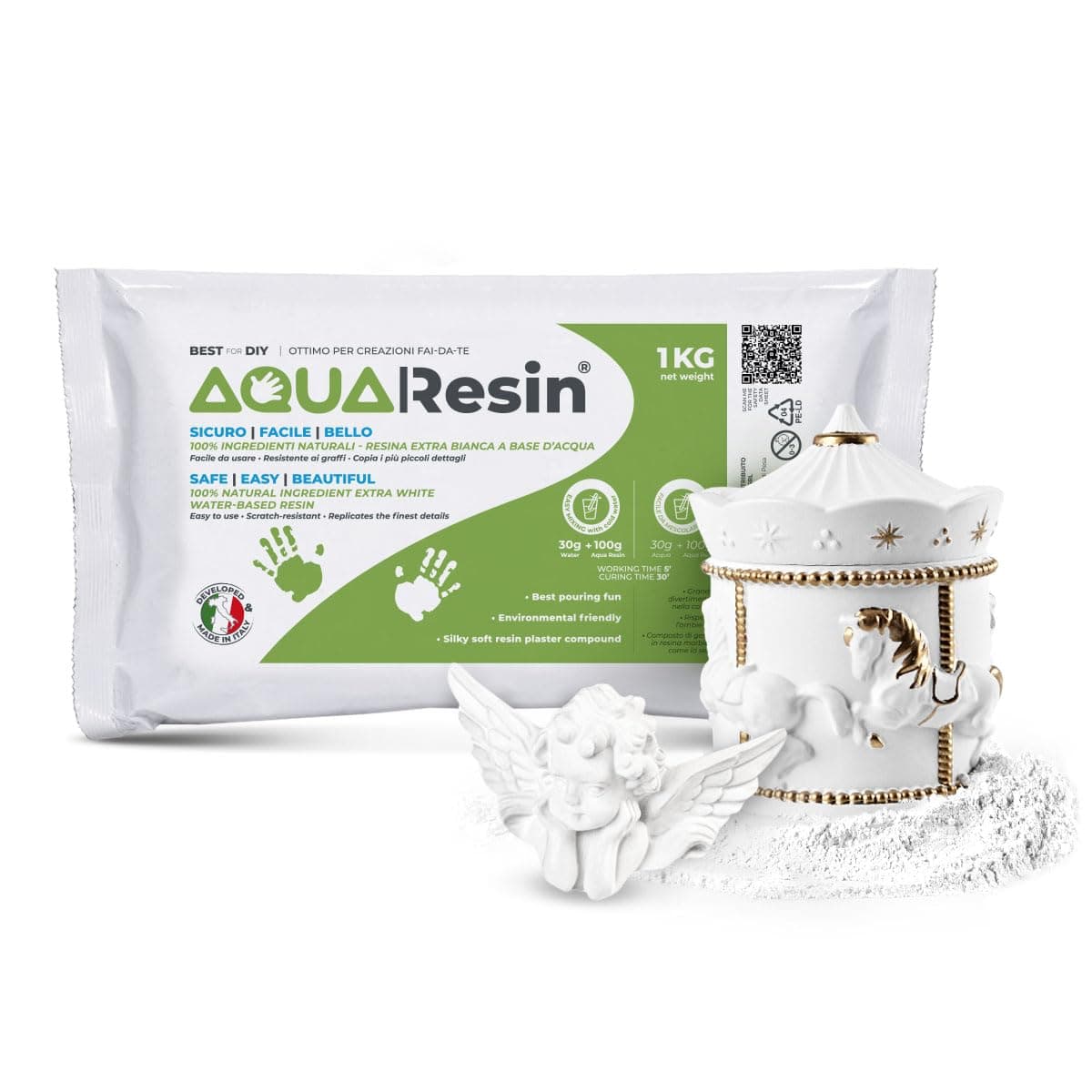 Aqua Resin Alpha Chalk (White Mineral Resin) | Satin Porcelain Effect, Ready with Water Only | Safe and Non-Toxic | Super White and Colourable | for DIY, Moulds, Crafts (1 kg)