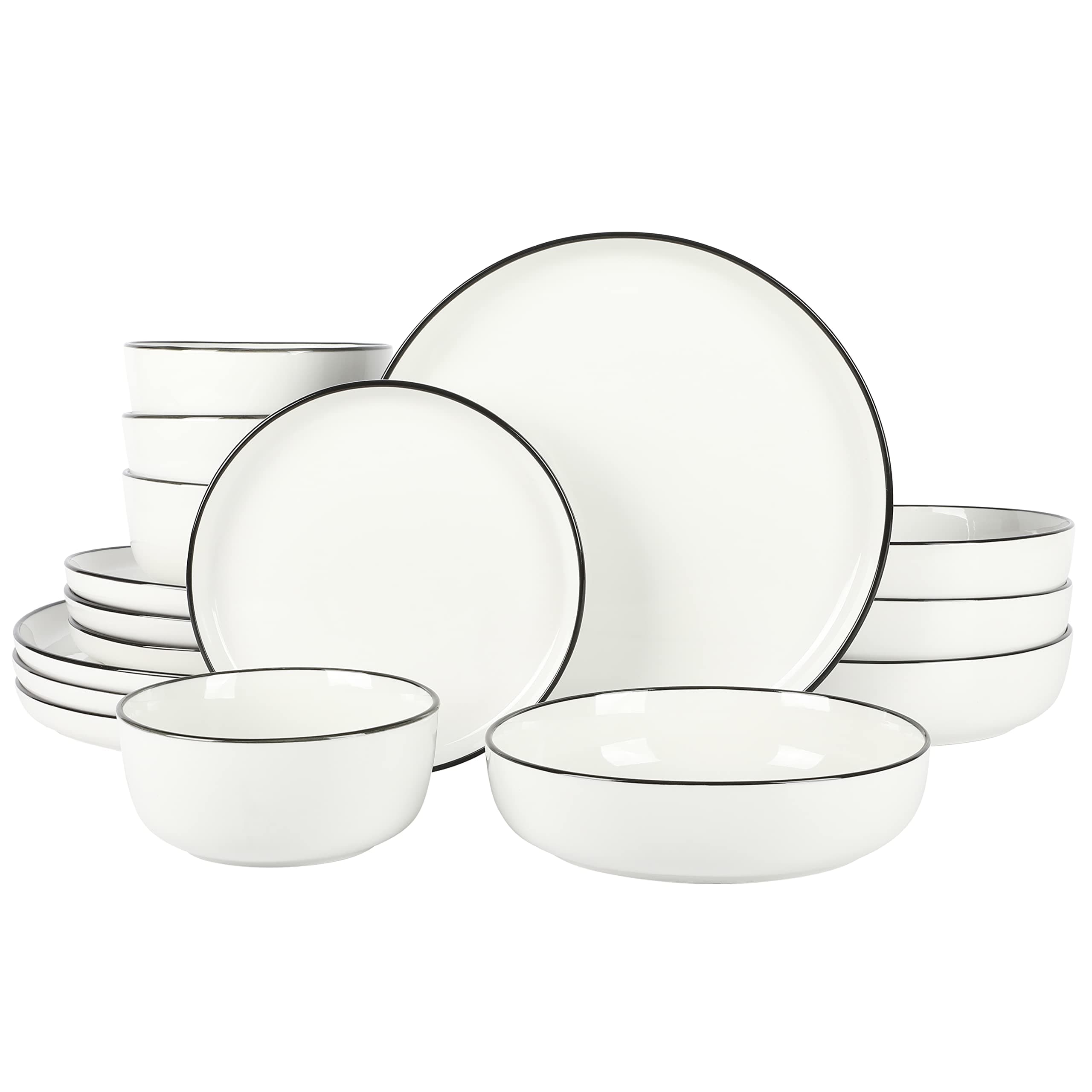 Oslo 16-Piece Porcelain Dinnerware Set, Service for 4 – White Plates with Black Rim, Microwave & Dishwasher Safe