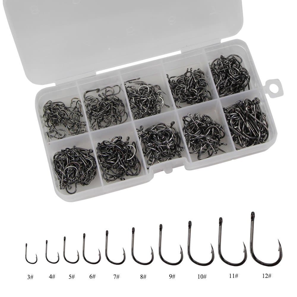 UCEC 500pcs 10 Different Sizes Freshwater Fishhook Fishing Hooks Set with a Plastic Box black