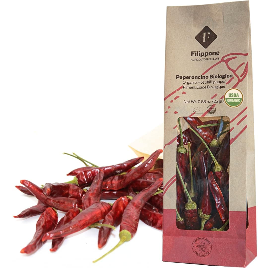 FILIPPONE - Organic Whole Dried Chili Peppers, on Stem, 25 g (0.88 oz), Spicy Sicilian Pepperoncino with Intense Aroma and flavor, Decoration, Cooking, Certified USDA Organic