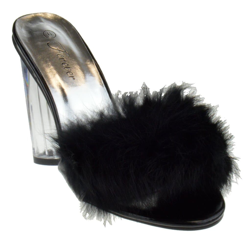 Create 89 Womens Clear Chunky Heel Furry Strapped Lucite Sandals Black 7