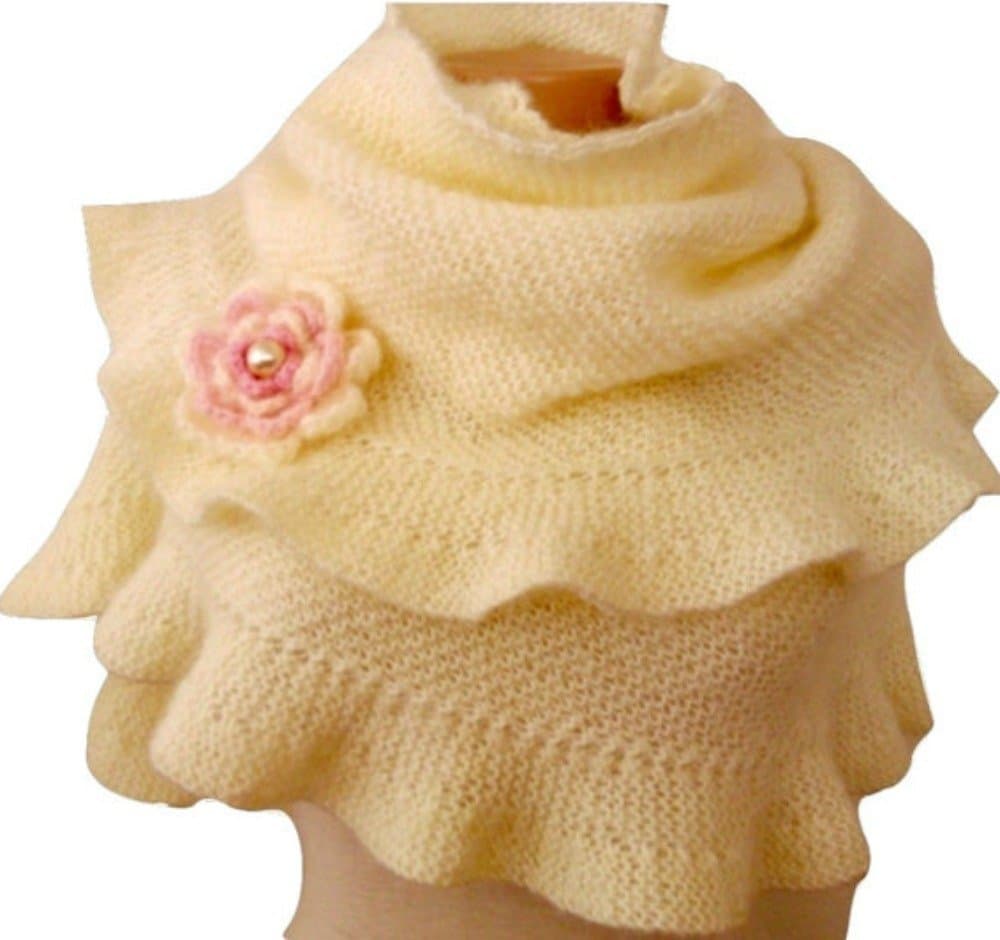 Cream Mohair Ruffle Shawl, Scarf with Removable Crochet Flower