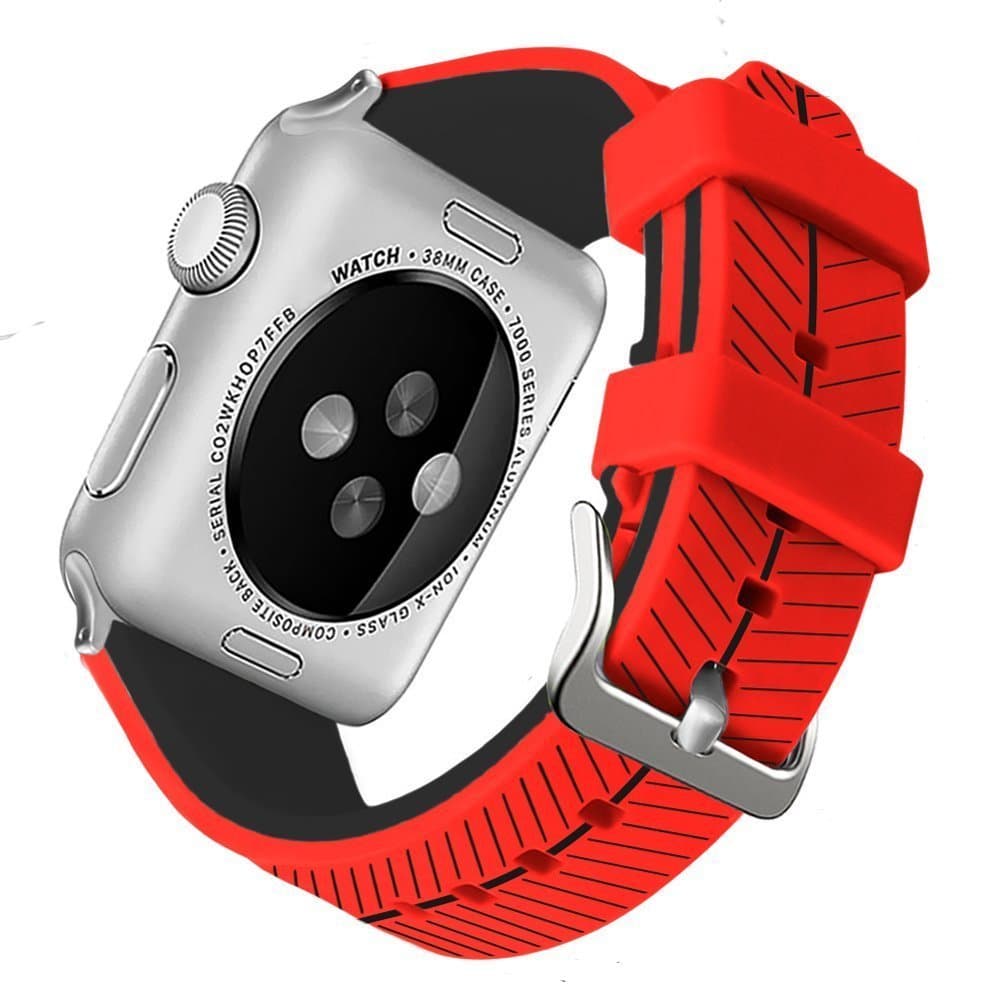 Podoru for Apple Watch band, Soft Silicone Replacement Watchband 38mm 42mm with Stainless Steel Buckle for Series 1 Series 2 Series 3 （Leaf 1 RED 42）