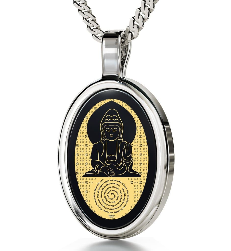 Buddha Necklace Inscribed Metta Prayer for Loving Kindness Meditation in 24k Gold on Onyx Pendant, 18" - NanoStyle Jewelry