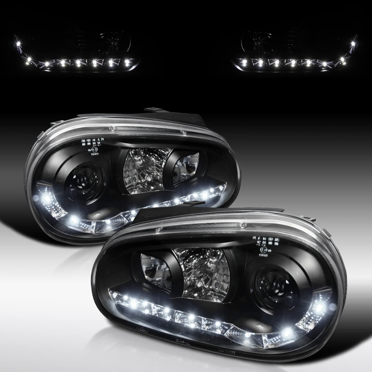 Autozensation Compatible with 1999-2006 Volkswagen Golf MK4, 1999-2006 Volkswagen GTI, Left + Right Pair Headlamps Assembly, R8 LED Projector Headlights Black
