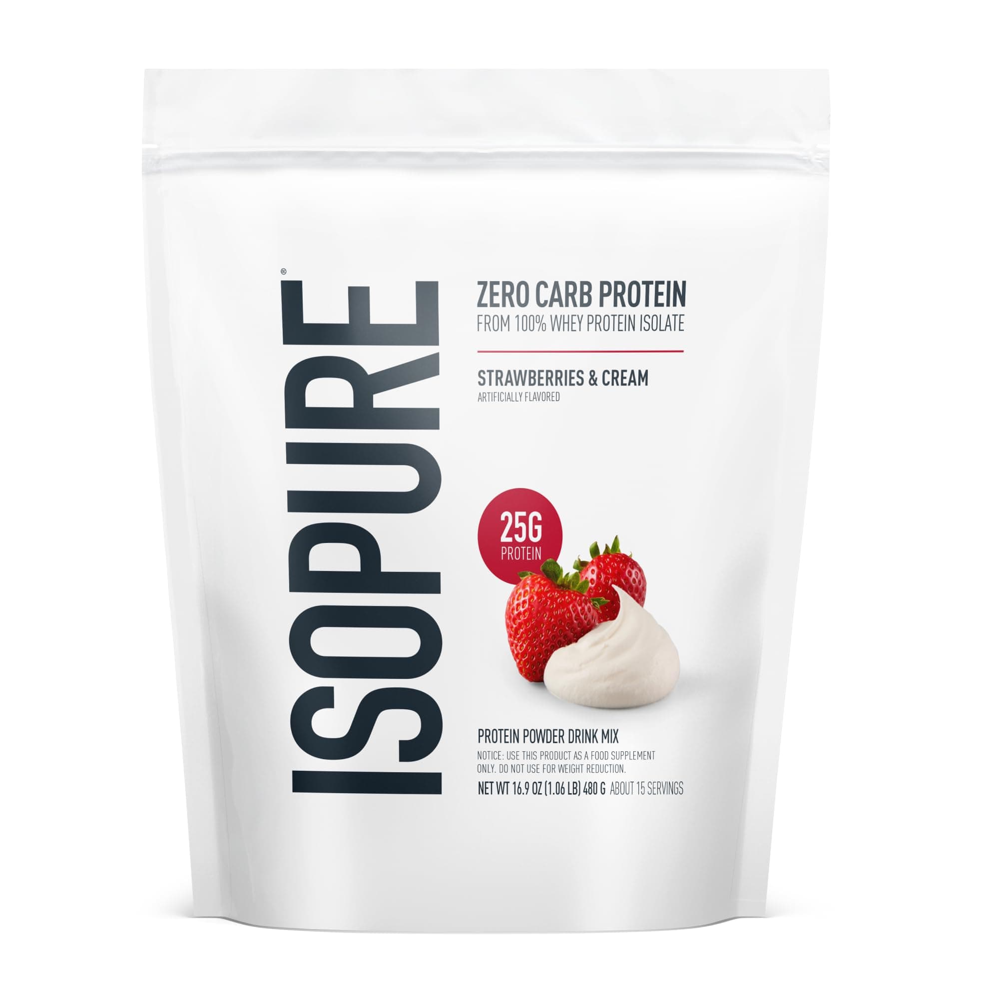 Isopure Protein Powder, Zero Carb Whey Isolate, Gluten Free, Lactose Free, 25g Protein, Keto Friendly, Strawberries & Cream, 15 Servings, 1 Pound (Packaging May Vary)