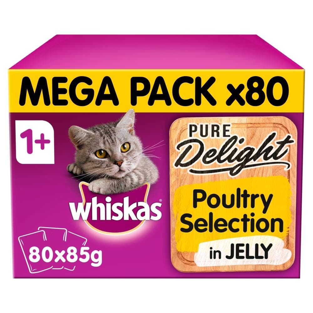whiskas 80 x 85g, 1+ Adult Cat Food Pouches Pure Delight Poultry Selection In Jelly Giant Pack