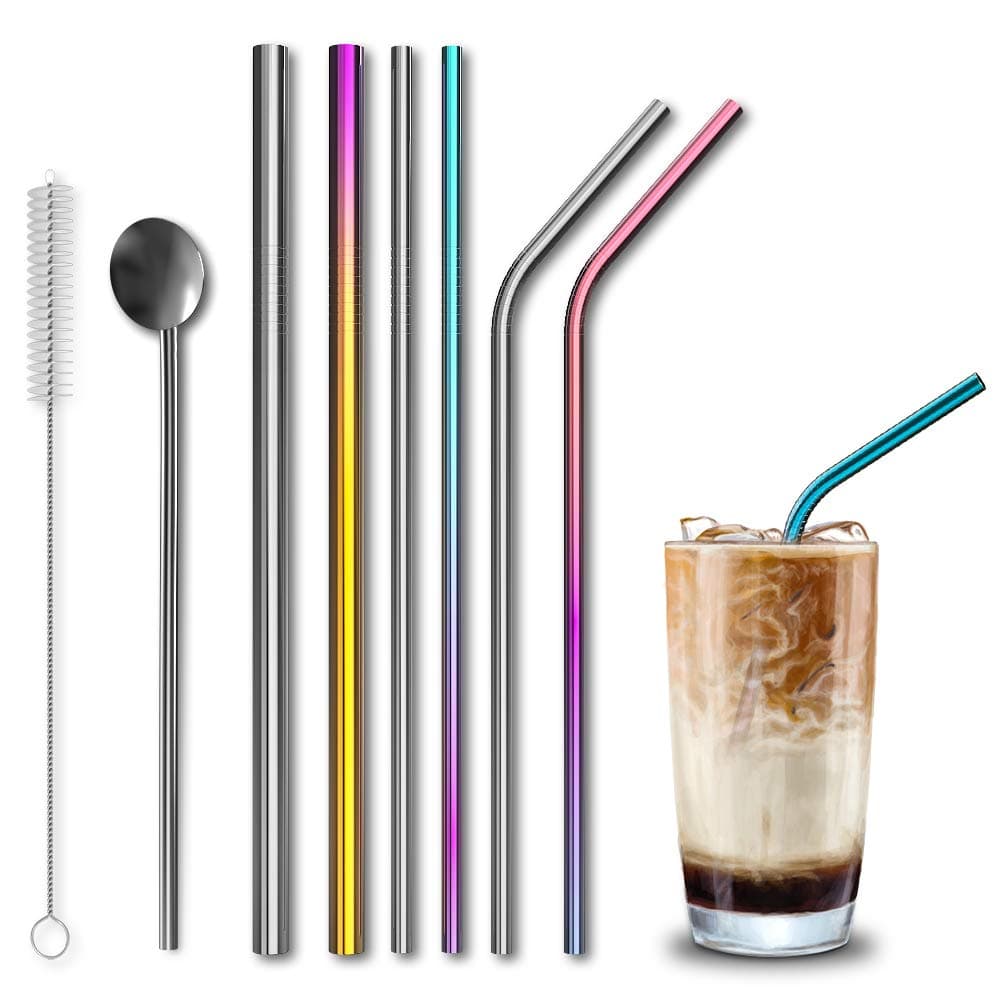 Stainless Steel Straws 9.5"Long 7 Pcs Full Variety Reusable Drinking Straws With Spoon- Reusable Drinking Straws for Smoothie Cold Beverage (0.24", 0.39" Dia) For Yeti 20oz 30oz Tumblers