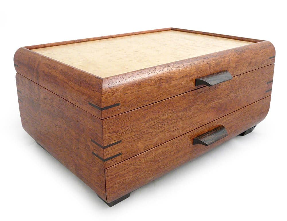 Modern Artisans Handmade Natural Bubinga and Maple Wood Jewelry Box with Drawer