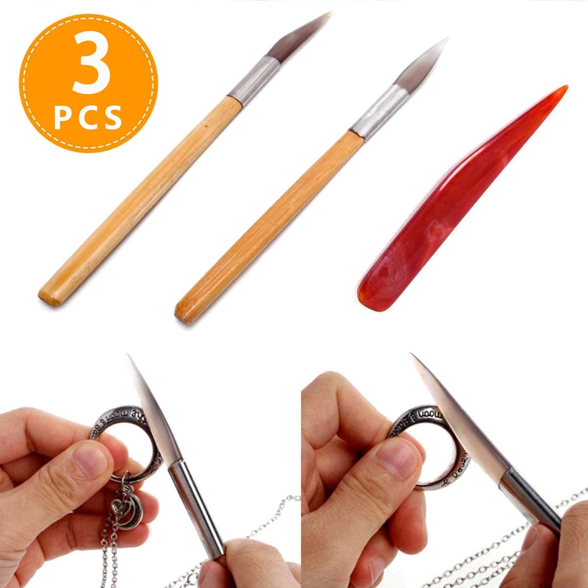 Agate Burnisher Knife, Double Edged Polishing Carving Precious Metal Clay Tool for Gold, Gilding, Gold Leaf, Sliver and Copper Jewelry (3 Pcs)