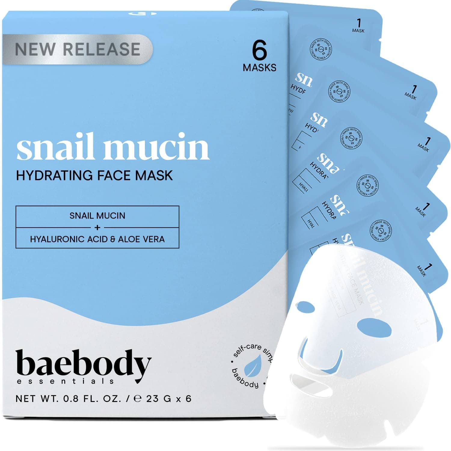 Snail Mucin Mask (6 pcs) - Hydrating Face Mask Sheet with Hyaluronic Acid - Moisturizing Face Mask for Youthful Skin - Korean Face Mask Inspired - Anti Aging Face Masks Skincare Korean
