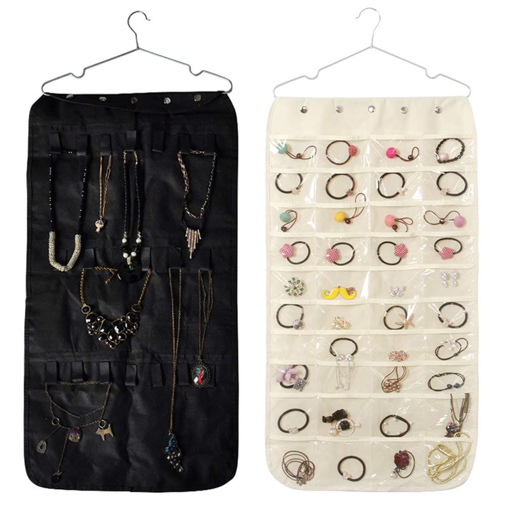 Miro Kur Jewellery Hanging Organiser Double Sided 40 Pockets & 20 Magic Tape Hook Storage Bag Closet Storage for Earrings Necklace Bracelet Ring Display Bag Accessories Holder Wardrobe Storage