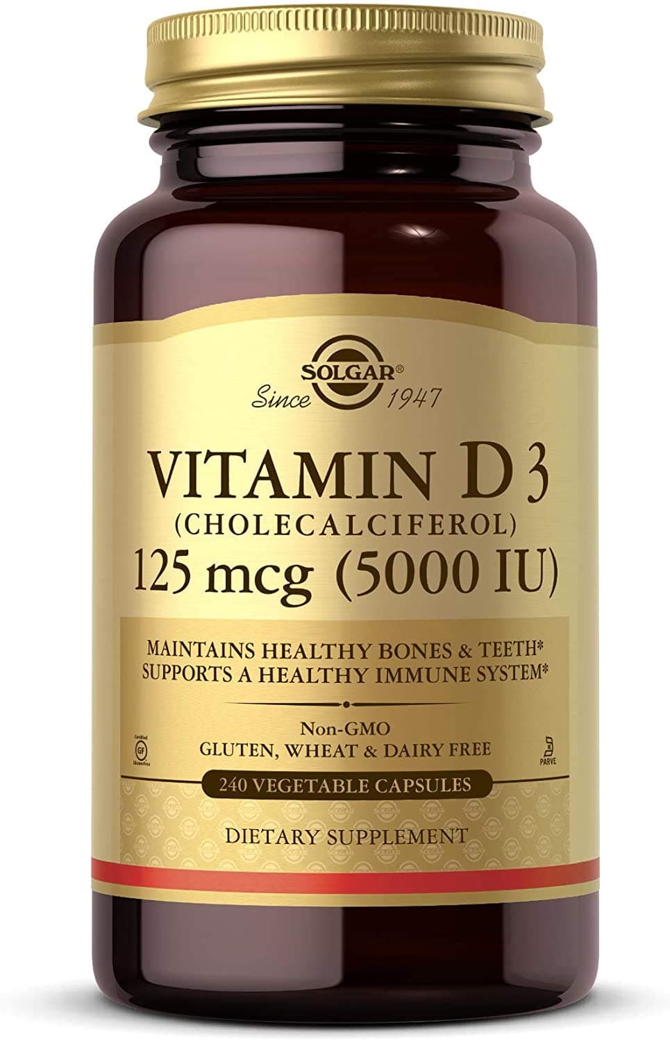 Vitamin D3 (Cholecalciferol) 125 mcg (5000 IU), 240 Vegetable Capsules - Helps Maintain Healthy Bones & Teeth - Immune System Support - Non-GMO, Gluten Free - 240 Total Servings