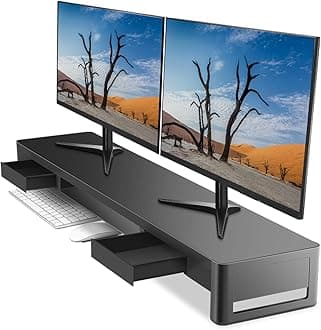 meatanty Dual Monitor Stand Riser with 2 Storage Drawers, Metal Computer Monitor Stand Monitor Shelf with Pull Out Drawer, Keyboard and Mouse Storage Desktop Organizer for PC,Laptop,iMac,TV,Printer