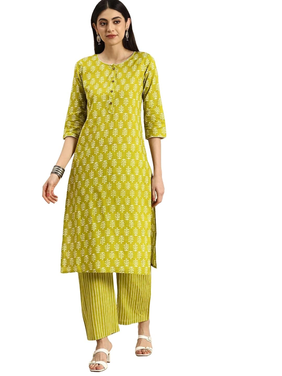 MEERA FABWomen's Cotton Printed Floral Straight Kurta with Palazzo