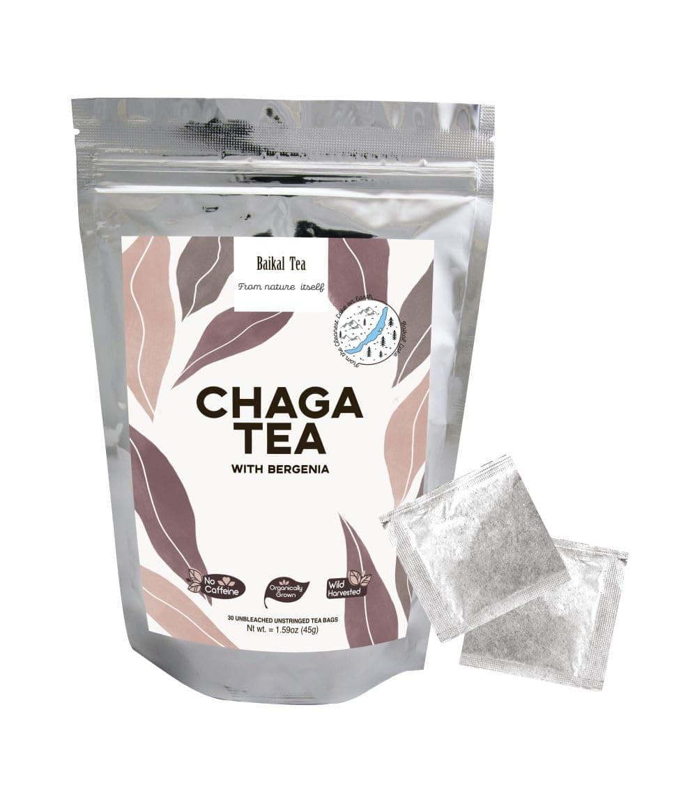 Chaga Tea - 100% Organic Chaga Mushrooms with Bergenia - 30 Unbleached Tea Bags - Natural Immune Support - from Wild Siberian Lake - Hand-Picked by Baikal Tea