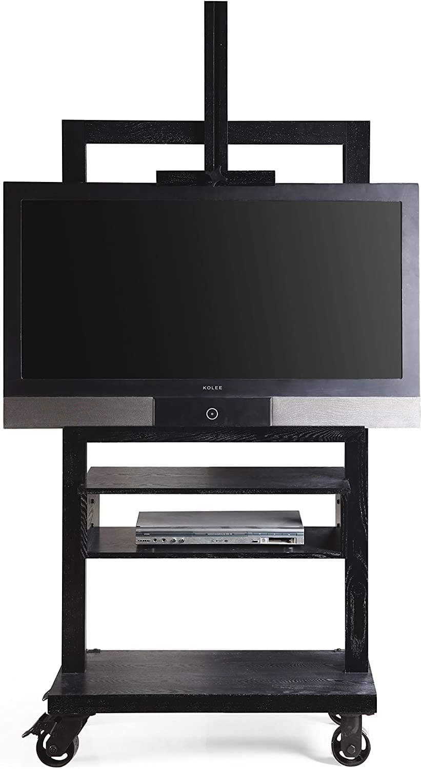 Posh Pollen Cullen Wooden Easel-Style Entertainment Console – Freestanding TV & Art Display with Locking Iron Wheels – Mobile Media Stand – Black