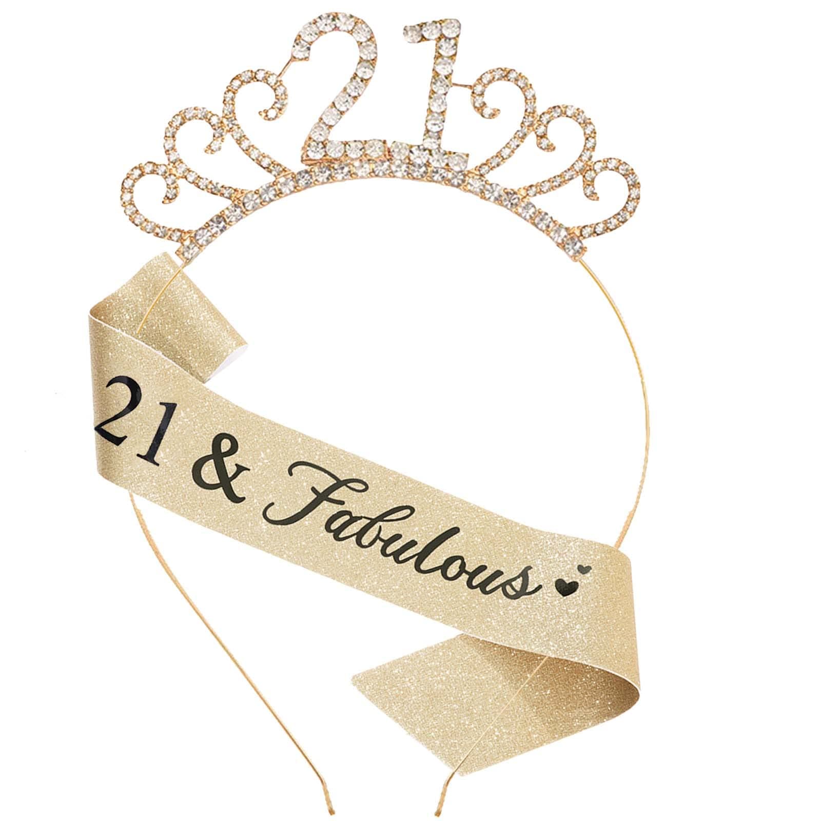 21st Birthday Sash and Crystal Tiara Crown for Girl 21st Birthday Gifts for Her Party Decorations Accessories Gold
