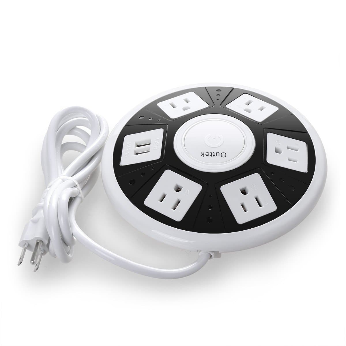 SmartSocket 5-AC Outlet + 2 USB Outputs UFO Shape Power Strip for Home/Office 2500W 10A /250V with 6.5 ft. Cord (Black)