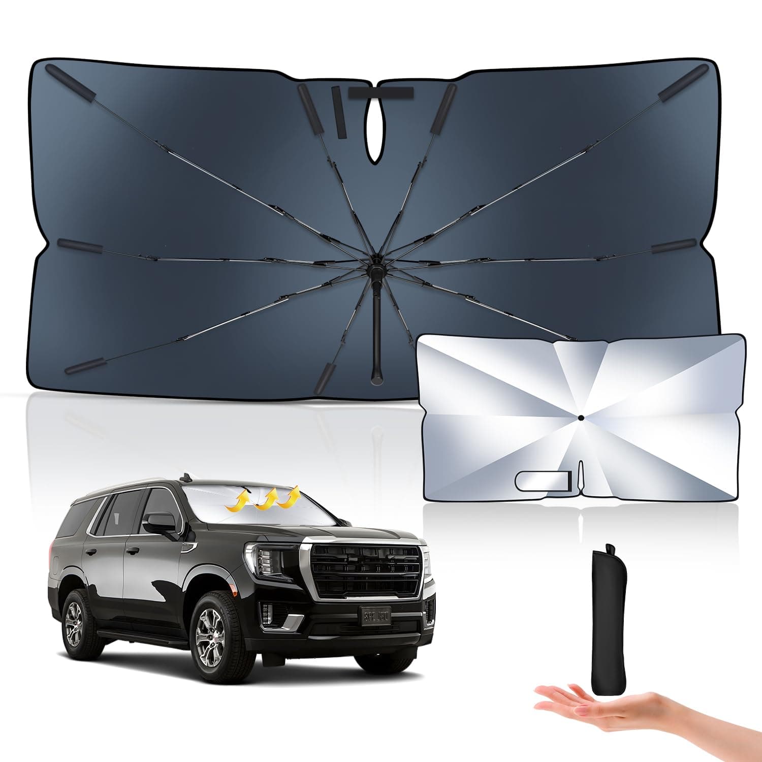 Windshield Sunshade Umbrella Custom Fit for 2021 2022 2023 2024 GMC Yukon-100% Blackout Ratio Thickened Titanium Silver 6 Layer UV Front Window Heat Insulation Protection Outdoor Camping