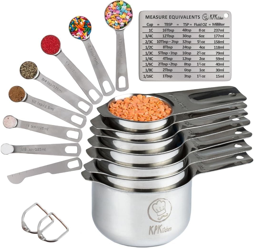 Stainless Steel Measuring Cups and Spoons 16-7 Cups & 7 Spoons + Conversion Chart & Leveler Set - Kitchen Measuring Spoons and Cups - Dry Measuring Cups Stainless Steel & Baking Metal Measuring Cups