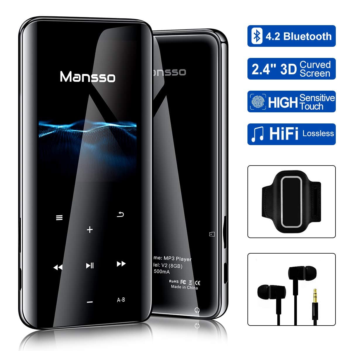 MP3 Player 2.4 inch Large 3D Curved Screen 8GB Bluetooth 4.2 Millisecond-level Touch Digital Audio Portable Lossless Sound Music Player FM Radio/Picture/E-book, Support Expandable up to 128G