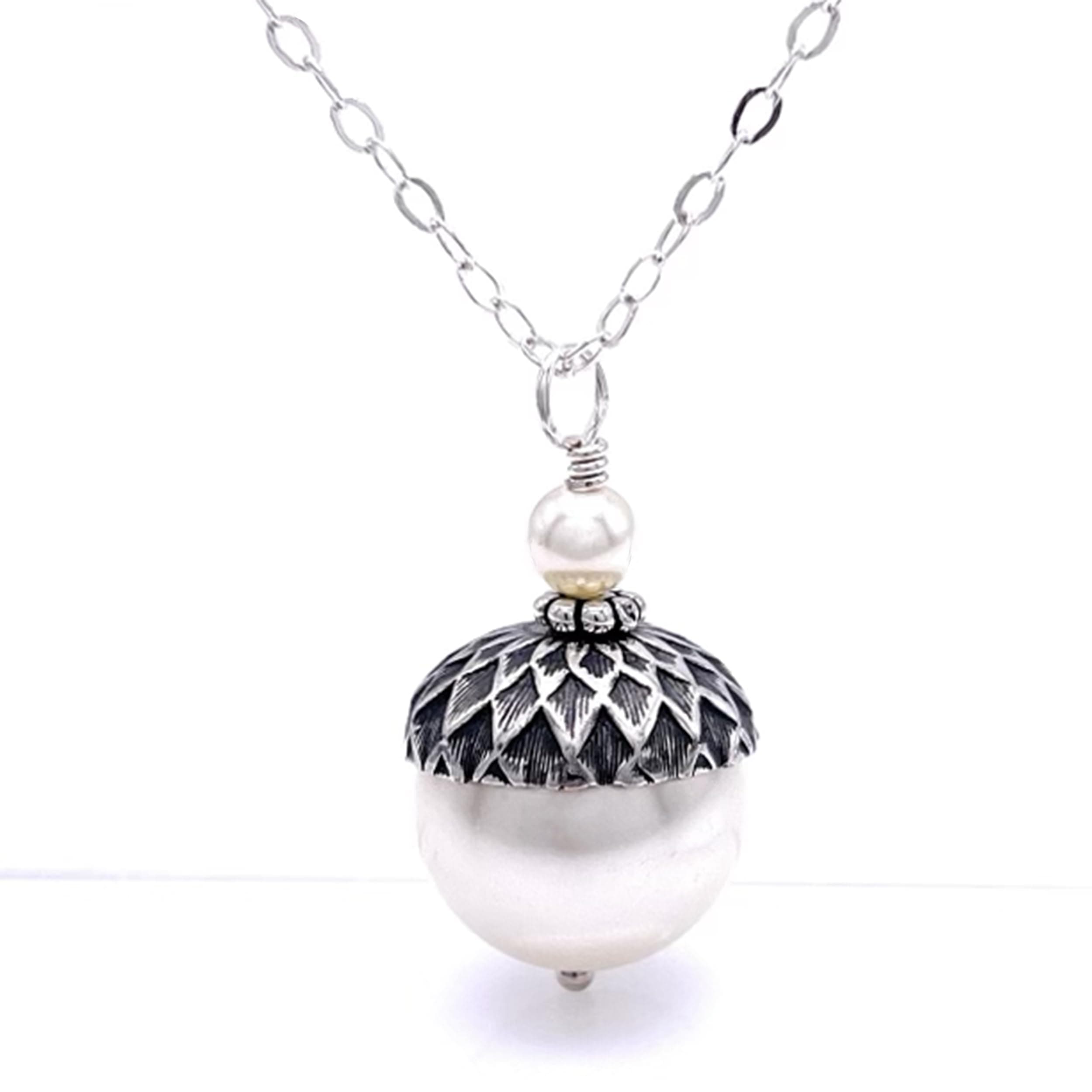 Acorn Pendant Necklace, Cream Colored Simulated Pearls, Sterling Silver Chain 20 inches