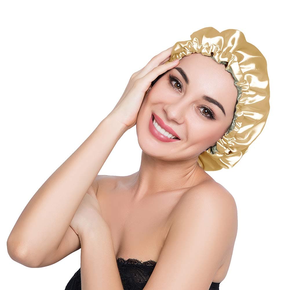 Stain Bonnet Silky Sleep Cap Adjustable Satin Cap for Night Sleeping Hair Bonnet Reversible Double Layer Gold/Lime