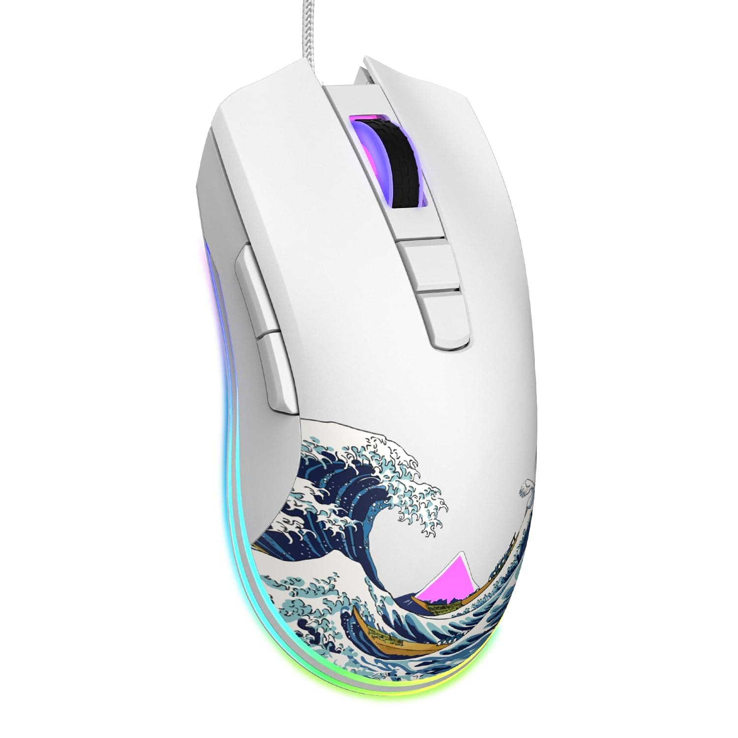 Womier G705 USB Wired Gaming Mouse for PC Computer Windows Mac Laptop, Lightweight Silent RGB Backlit Mouse with Adjustable 12000DPI/7 Programmable Side Buttons,White Kanagawa Theme