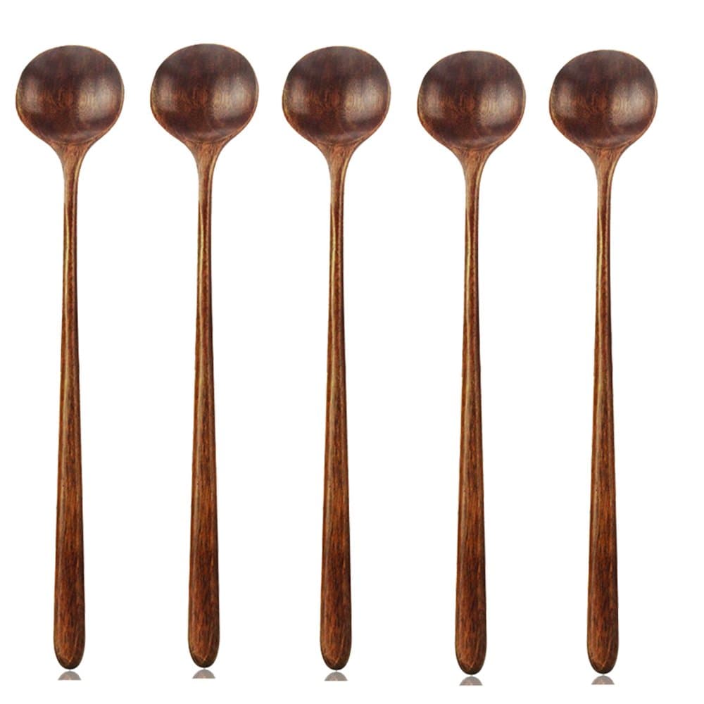 AOOSY Long Spoons Wooden, 5 Pieces Korean Style 10.9 Inches 100% Natural Wood Long Handle Round Spoons for Soup Cooking Mixing Stirrer Kitchen Tools Utensils (Korean Style Soup Spoon)