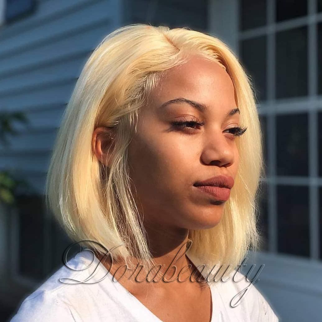 Dorabeauty Short Wigs 14 inches Natural Straight Bob Wigs for Black Women 130% Density Lace Front Wigs Human Hair with Natural Hairline Blonde #613 Color
