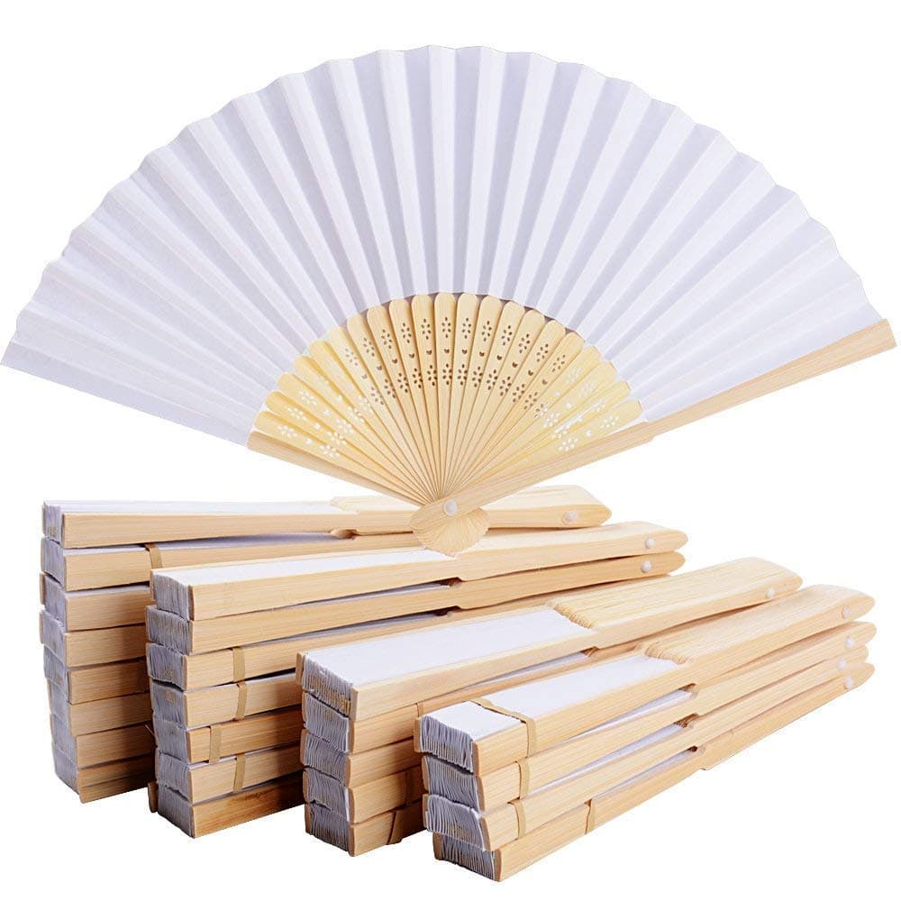 iiiusion 50pcs White Paper Hand Fan White Bamboo Folding Fan Handheld Fans Paper Folded Fan for Wedding Party and Home Decoration