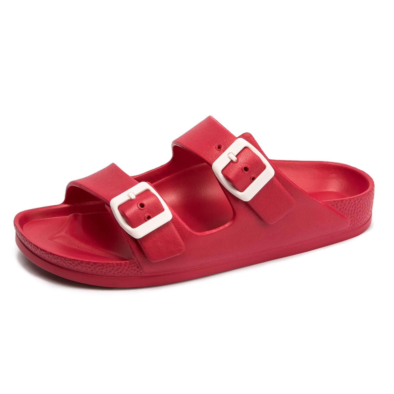FUNKYMONKEY Women's Comfort Slides Double Buckle Adjustable EVA Flat Sandals (9 M US-Women, Red)