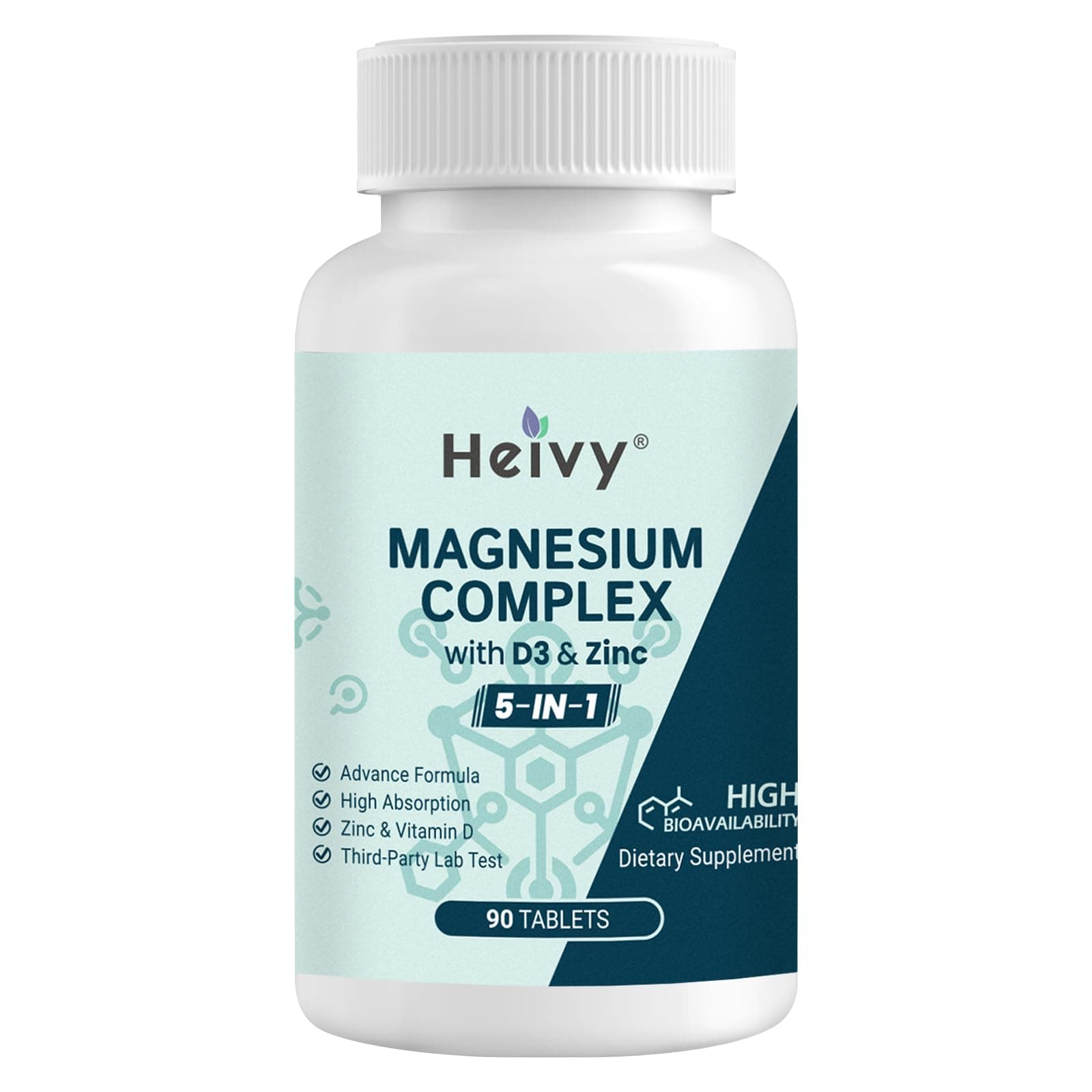 Heivy Magnesium Complex 2 Pack, Magnesium Glycinate, Citrate, Malate, Oxide, Gluconate with Zinc and Vitamin D3, Magnesium Supplement for Muscle, Nerve, Heart, Bone Support, High Absorption