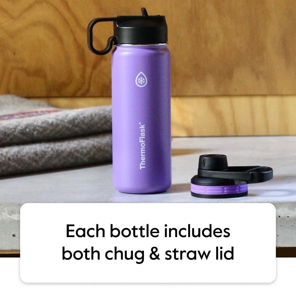 Thermoflask 18 oz Double Wall Vacuum Insulated Stainless Steel Water Bottle with Spout and Straw Lids, Black