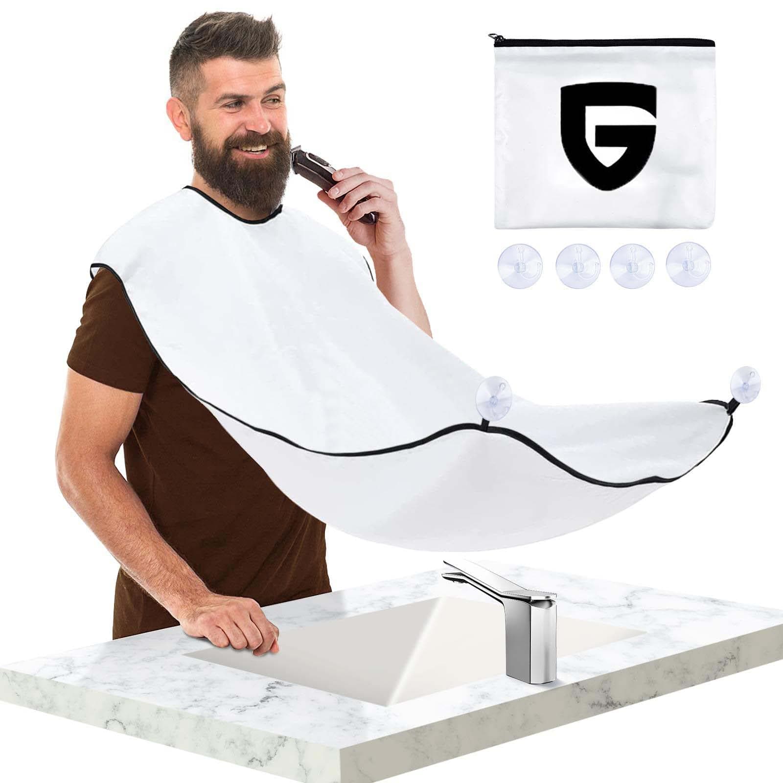 Father's Day Gifts from Daughter Son Wife, Beard Bib Hair Catcher for Sink, Beard Cape Trimming Catcher, Gifts for Men Dad Husband, Waterproof Non-Stick Beard Trimmer with 4 Suction Cups(White)