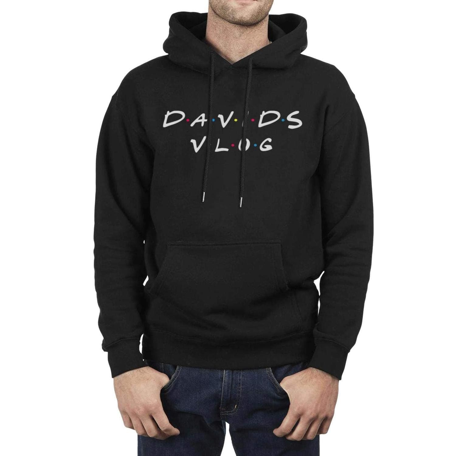 SINGKING Black Man's Drawstring Sweatshirt David-Vlog- Fleece Long Sleeve