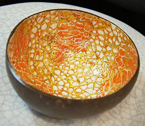 Exotic Elegance Orange and Gold Leave Antique Pattern Lacquerd Coconut Shell Ware with Egg Shell Inlaid.