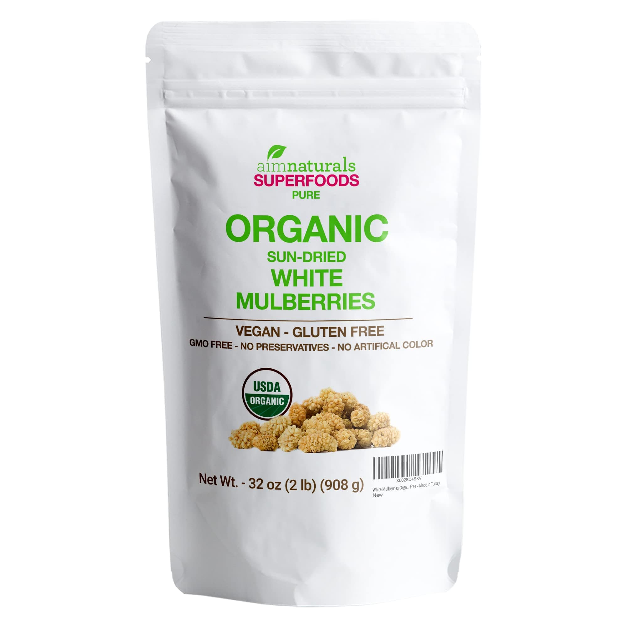 White Mulberries Dried Organic Bulk 2 Lbs Bag– USDA Organic Certified – Sun Dried, Raw, Non GMO & Gluten Free – Product of Turkey