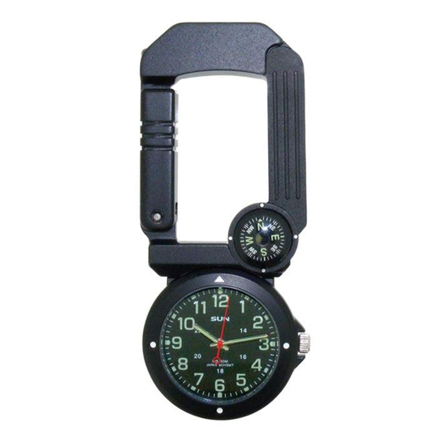 Sun Company Traverse Tool - Six-Function Foldaway Multitool | Carabiner, Watch, Compass, Thermometer, LED Light, Signal Mirror