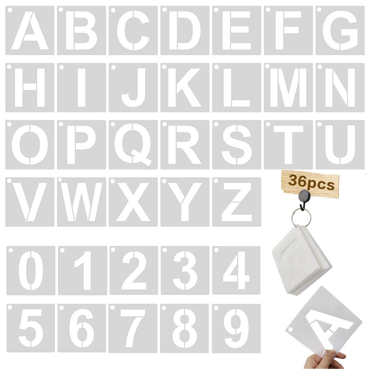5 Inch Letter Stencils Kit, Alphabet Art Craft Stencils, Reusable Plastic Letters and Numbers Stencil Set for Wood, Wall, Fabric, Rock, Signage and Christmas DIY Art Projects (White, 36 Pcs)