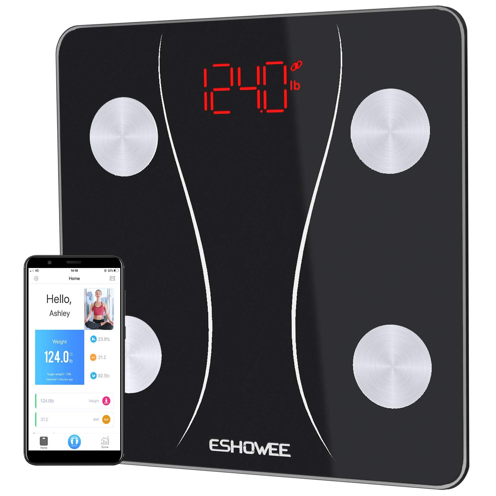 Scales Digital Weight & Body Fat ESHOWEE Bmi Bluetooth Scale Digital Bathroom Wireless Weight Scale Body Composition Analyzer App, Black