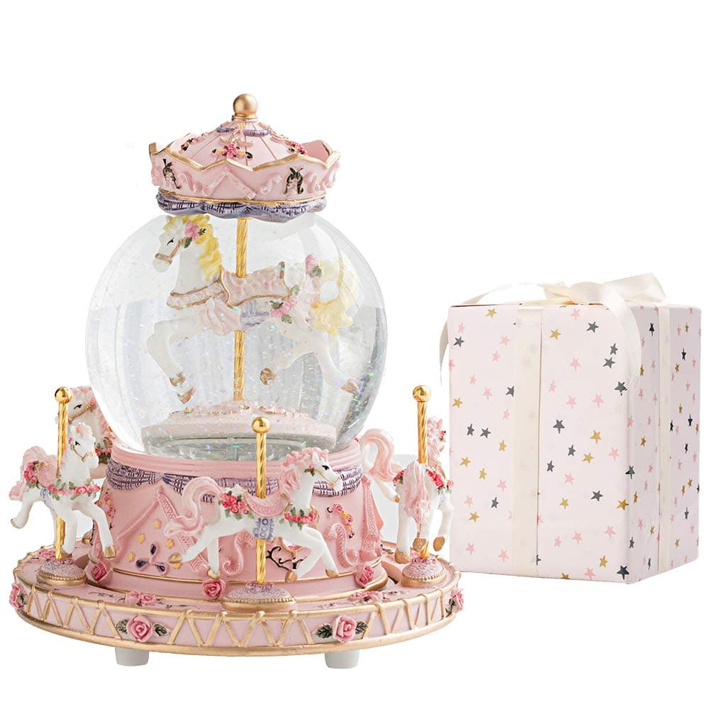 LOVE FOR YOU Luxury Color Change LED Light Luminous Rotating 6-Horse Carousel Horse Music Box (Plays You Are My Sunshine, Pink)