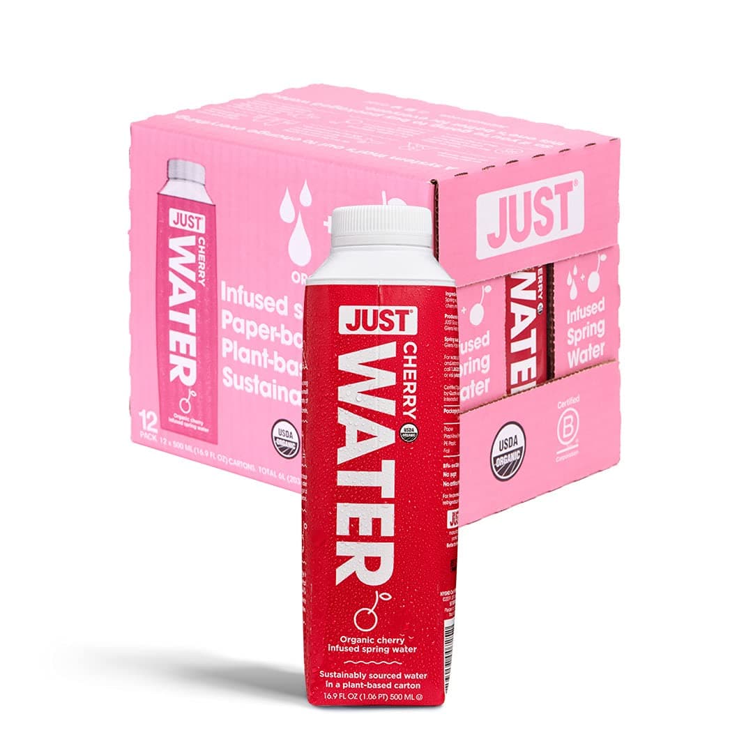 JUST Water Infused| Spring Water Flavored with Organic Fruit | Eco-Friendly Boxed Bottled Water | Zero Sugar, Artificial Flavors, or Sweeteners, Alkaline pH of 8.0 | Cherry, 16.9 fl oz (Pack of 12)