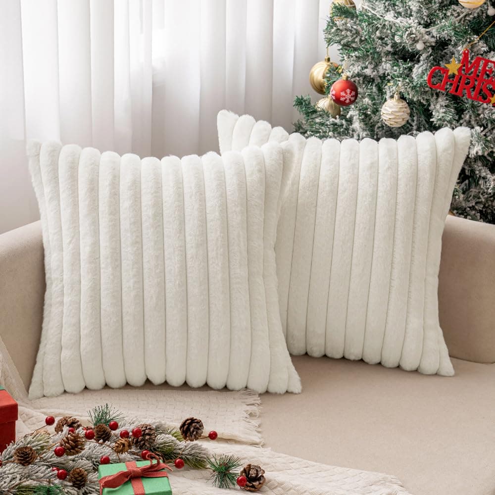 MIULEESet of 2 Super Soft Velvet Faux Fur Modern Cushion Cover Comfortable Washable Decorative Pillowcase for Living Room Bedroom Sofa 40 x 40 cm Pure White