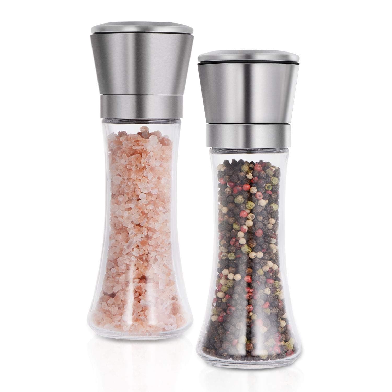 YumLock Pepper And Salt Grinder Mill With Glass Body Stainless Steel Brush Set Of 2