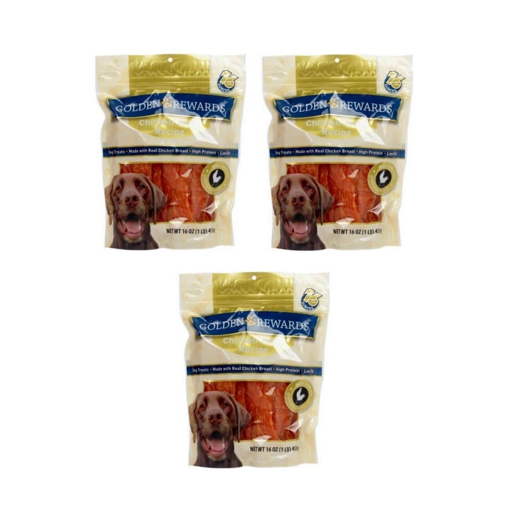 Golden Rewards Chicken Jerky Recipe for Dogs (Made with Real Chicken Breast), 16 Oz - 3 Pack